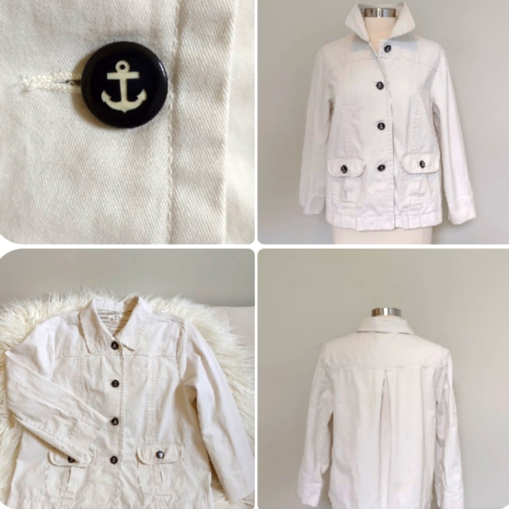 100% Cotton NAUTICAL Jacket Cream Anchor Button Cotton Cato Medium Sailorcore